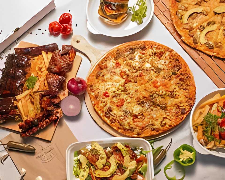 Pizza Familia spread with pizzas, ribs, burgers and salads